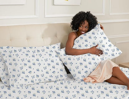 sunflower Queen Pillowcases Set of 2, 100% Cotton Queen Size Pillow Cases 2, 20×30 inches Blue Posy, Soft and Breathable