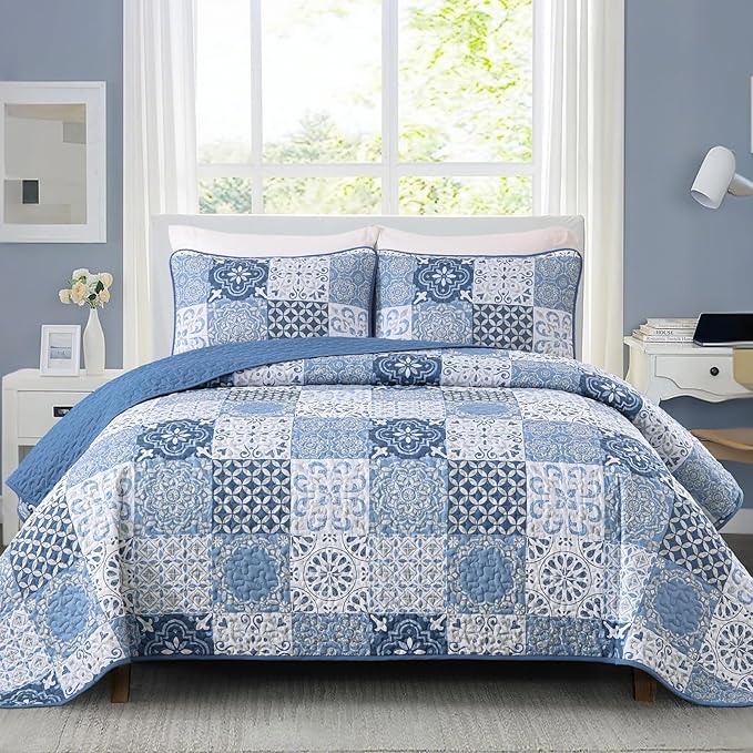 Dobuyly Blue Quilt Set King Size, Boho Mineral Blue Plaid Patchwork Bedspreads Coverlet Set, 3 Pieces Soft Lightweight Microfiber Quilt Bedding Set for All Seasons 110"x90"
