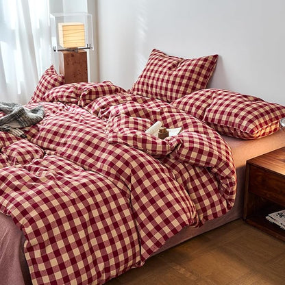 EAVD Vintage Style Red Gingham Duvet Cover King Soft 100% Washed Cotton 3-Piece Reversible Plaid Checkered Bedding Set with 2 Pillowcases Farmhouse Buffalo Plaid Duvet Cover with Zipper Closure