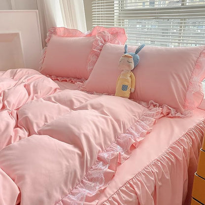 MOOWOO Chic Ruffle Lace Polyester Duvet Cover Set -Girl Pink Bedding-3 Piece Queen Duvet Cover with Zipper Closure -Ultra Soft and Light Weight (Pink, Queen)