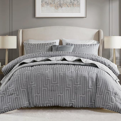 Madison Park Cal King Comforter Set Jacquard Metallic Thread Comforters, All Season Comforter & Quilt Bed Set Cal King Size Comforter, Pillow, Shams, Royce, Cal King Grey 5 Piece