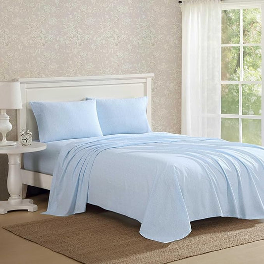 Laura Ashley - King Sheet Set, Crisp & Cool Cotton Percale Bedding with Deep Pockets, Lightweight for Year Round Comfort, Bed Sheets with Matching Pillowcases (Maeve Blue)