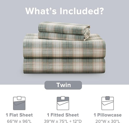 Comfort Spaces 100% Cotton Sheets Twin, Breathable, Naturally Cool Cotton Sheets, Soft Cotton Bed Sheets with 12" Elastic Pocket Fits up to 14" Mattress, All Seasons Sheet Set, Wesley Green 3 Piece