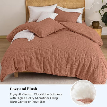 PHF Soft Waffle Comforter Set King Size- Comfy Breathable Waffle Weave Comforter with 2 Pillow Shams, 3 Pieces Less Snagging Lightweight Textured Bedding Set for All Season, Terra Cotta