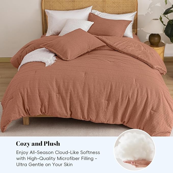 PHF Soft Waffle Comforter Set Queen Size- Comfy Breathable Waffle Weave Comforter with 2 Pillow Shams, 3 Pieces Less Snagging Lightweight Textured Bedding Set for All Season, Terra Cotta