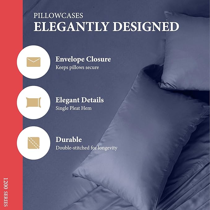 Ashton Sheets 100% Egyptian Cotton Sheets Queen Size - 1200 Thread Count Queen Size Sheets Set Egyptian Cotton, 4 PC Luxury Bedsheet (Navy Blue), Soft, Cooling, 17" Deep Pocket Sateen Bedsheet Set