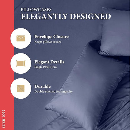Ashton Sheets 100% Egyptian Cotton Sheets King Size - 1200 Thread Count King Size Sheets Set Egyptian Cotton, 4 PC Luxury Bedsheet (Navy Blue), Soft, Cooling, 17" Deep Pocket Sateen Weave Bedsheet Set