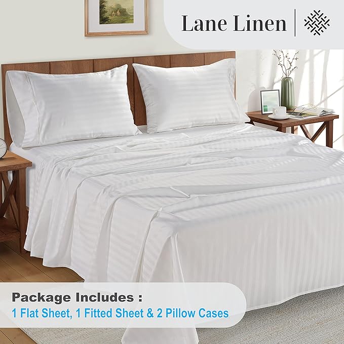 LANE LINEN 100% Egyptian Cotton Queen Sheets Set - Damask Bed Sheets 4 Piece for Size Deep Pocket 16" Fully Elasticized White