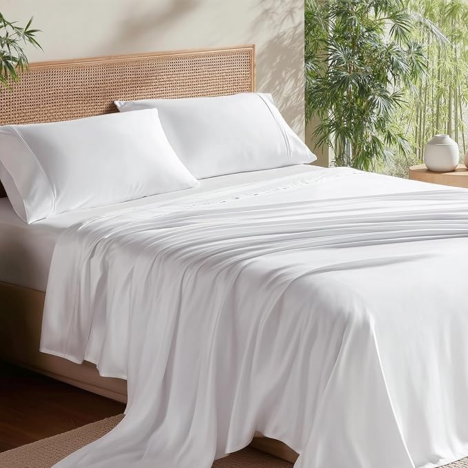 Bedsure Full Size Bed Sheets, Cooling Sheets, Rayon Derived from Bamboo, Deep Pocket Up to 16", PureWoven, Breathable & Soft, Hotel Luxury Silky Bedding for Hot Sleepers, White