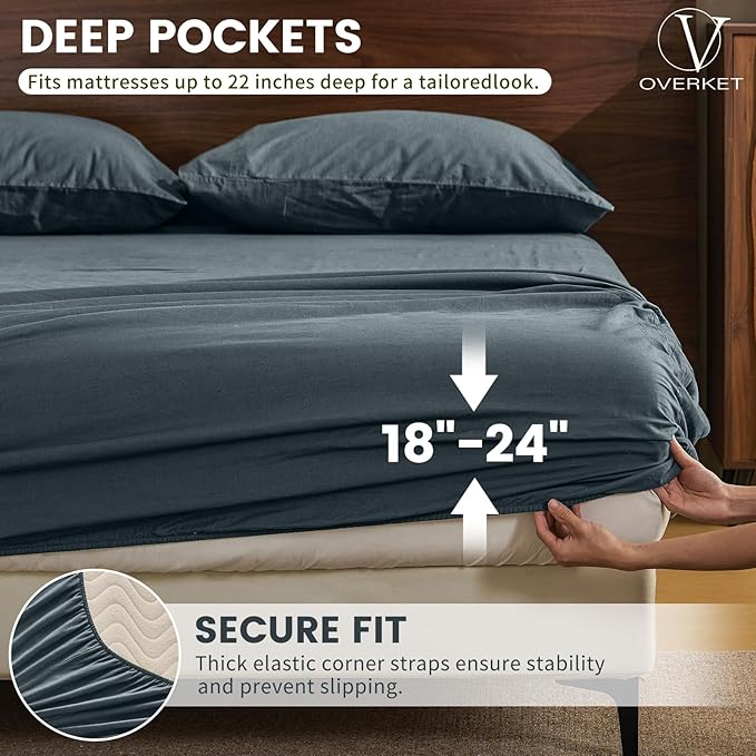 100% Linen Sheet Set Queen Size Extra Deep Pocket Fits 18-24 Inch Mattress, Breathable & Soft, Smooth 4-Piece Set for Thick Mattresses Hotel Luxury Bedding（Queen, Navy Grey）