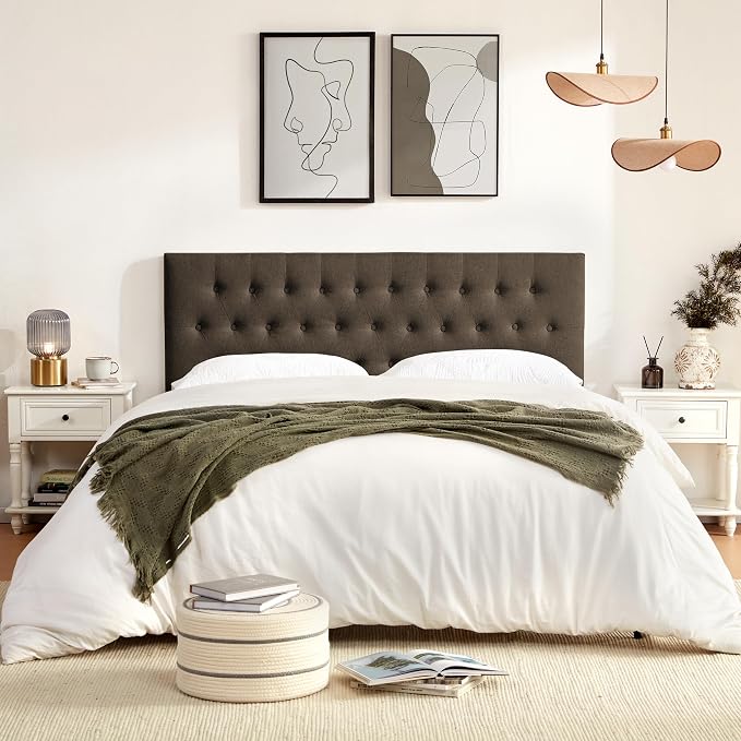 Tufted Upholstered Headboard Queen Size, Adjustable Height 37- 51 in, Brown | Sturdy and Durable Solid Wood Bed Headboard, Fabric Queen Headboard Only, Modern Button Diamond Design Head Board