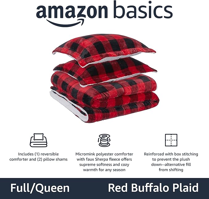 Basics 3-Piece Ultra-Soft Micromink Sherpa Bedding Set, Warm All Season Comforter, Full/Queen, Red Buffalo Plaid