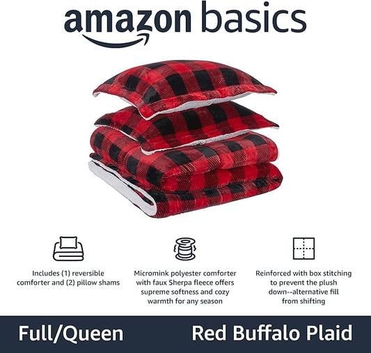 Basics 3-Piece Ultra-Soft Micromink Sherpa Bedding Set, Warm All Season Comforter, Full/Queen, Red Buffalo Plaid