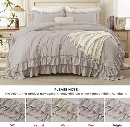 Andency Linen Grey California King Comforter Set (104x96Inch), 3 Pieces Farmhouse Shabby Chic Ruffle Bedding Sets, Lightweight Fluffy Soft All Season Bed Set