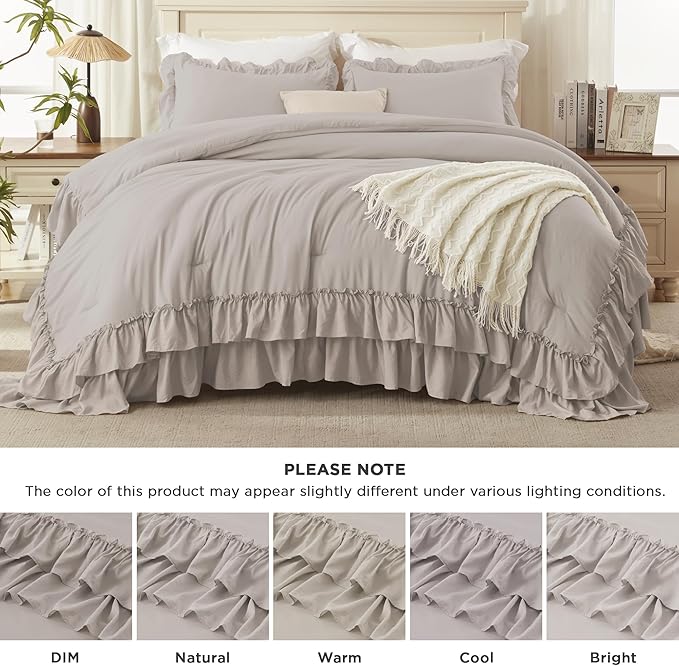 Andency Linen Grey King Comforter Set (104x90Inch), 3 Pieces Ruffle Bedding Set with 2 Pillowcases, Farmhouse Shabby Chic Lightweight Fluffy Soft All Season Bed Set