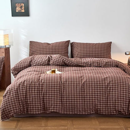 Plaid King Duvet Cover Set Red Brown Washed Cotton Comforter Cover King Size Vintage Pattern Farmhouse Zipper Duvet Cover Set with 2 Pillow Cases Boho Cute Bedding Set Checkered Duvet Protector