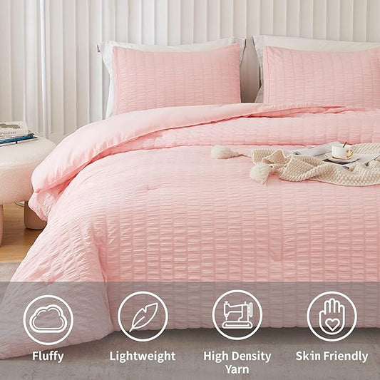AveLom Blush Pink Seersucker California King Comforter Set (104x96 inches), 3 Pieces-100% Soft Washed Microfiber Lightweight Comforter with 2 Pillowcases, All Season Down Alternative Bedding Set