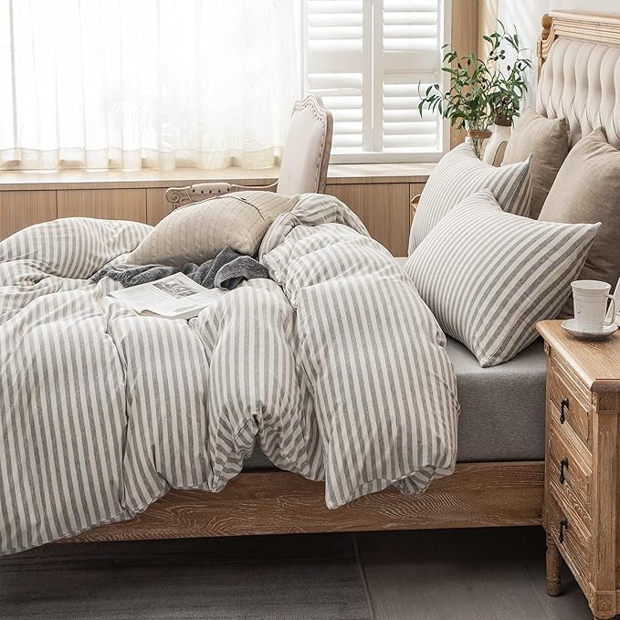 PURE ERA Jersey Knit Duvet Cover Set 100% T-Shirt Heather Cotton Super Soft Comfy Classic Striped with Zipper Closure, Grey & White Stripe, California King