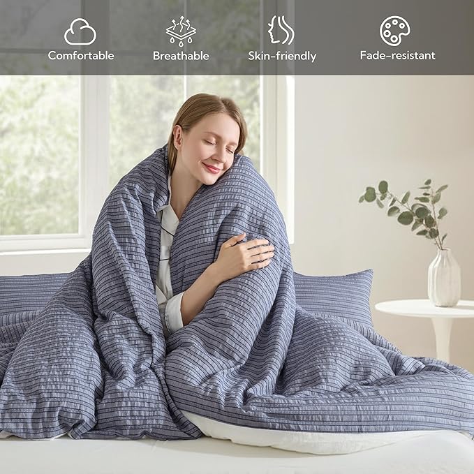 MILDLY Jacquard Stripe Duvet Cover - Navy Blue 100% Washed Cotton Boho Textured Comforter Cover Set with Zipper Closure 68"x90"