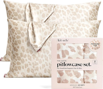 Kitsch Satin Pillowcase with Zipper for Hair & Skin - Softer Than Silk Pillow Cases, Smooth Cooling Satin Pillow Case, Wrinkle-Free, Machine Washable, Pillow Cases Standard Size 19x26 - Leopard, 2pcs