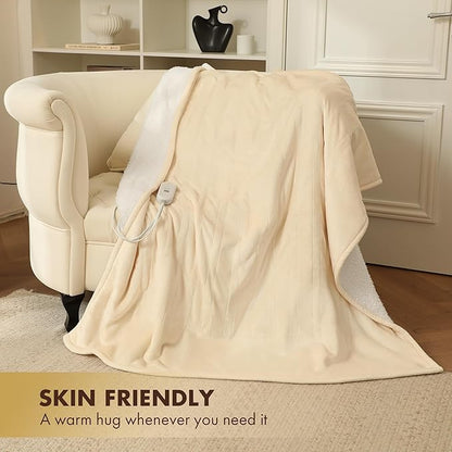 Electric Blanket Heated Throw 50" x 60" - Soft Sherpa Heated Lap Blanket with 5 Heating Levels & 4 Hours Auto Off, Heating Blanket Throw as a Gift for Grandma, Machine Washable (White)