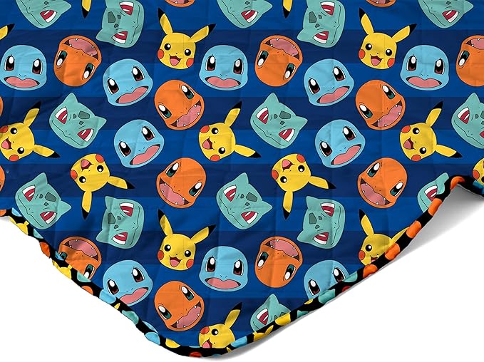 Northwest Pokemon Striped Favorites Full/Queen Quilted Blanket, Cozy Fantasy Bedding for Gamers, Kids & Adults, Throw for Bedroom, Sofa, or Game Room Décor, 90 x 90 Inches