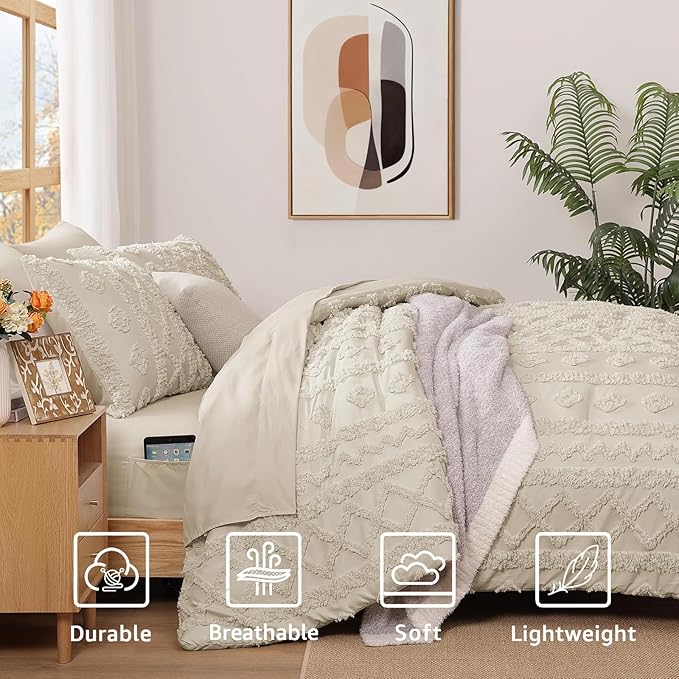 WRENSONGE King Size Comforter Set with Sheets - 7 Pieces Beige Tufted Bed in a Bag King Shabby Chic Bedding Sets with 1 Comforter, 2 Sheets, 2 Pillowcases & 2 Shams