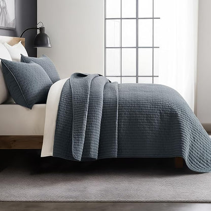 EVERGRACE Cross Stitch Pre-Washed Cotton Quilt Bedding Set King Size, Oversized 3 Pieces Lightweight Bedspread Coverlet for All Season, with 2 Matching Shams, Midnight Blue, 108"x96"