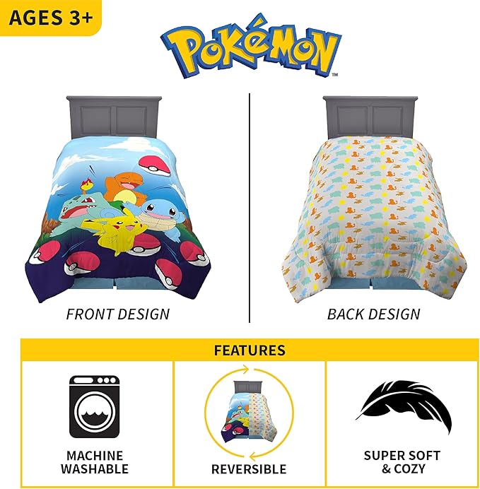 Pokemon Kids Bedding Super Soft Microfiber Reversible Comforter, Twin/Full, (Officially Licensed Product) by Franco