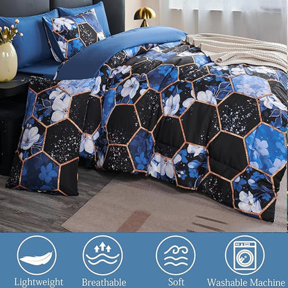 ANGIYUIN 7 Pieces Blue Black Full Size Bedding Sets Marble Comforter Set White Floral Bedding Comforter Sets Gold Geometric Bed in A Bag with Sheets for Women Men