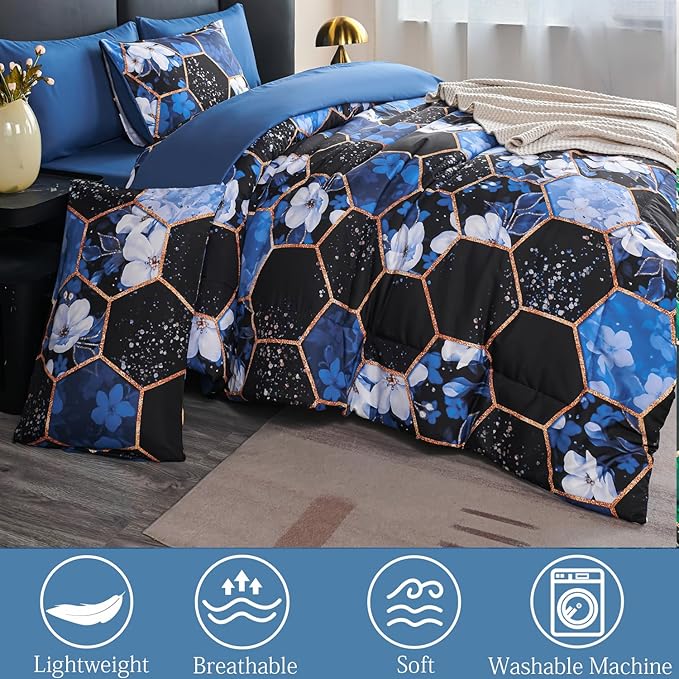 ANGIYUIN 7Pcs Blue Marble King Comforter Sets Floral Bedding Sets Gold Honeycomb Bed in A Bag with Sheets Soft Microfiber Bed Sets for Women Men