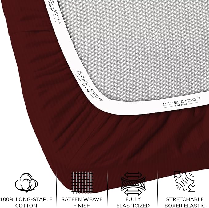Feather & Stitch 500 TC Full Size Damask Bed Sheet Set, 100% Cotton Soft Breathable Bedsheets, 4 Piece 18" Deep Pockets Sateen Weave Striped Bedding Mattress Resort Hotel Luxury- (Burgundy Stripe)