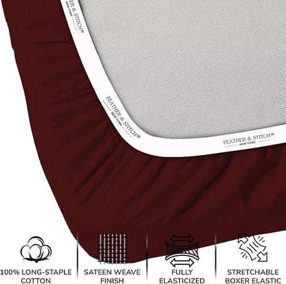 Feather & Stitch 500 TC Full Size Damask Bed Sheet Set, 100% Cotton Soft Breathable Bedsheets, 4 Piece 18" Deep Pockets Sateen Weave Striped Bedding Mattress Resort Hotel Luxury- (Burgundy Stripe)