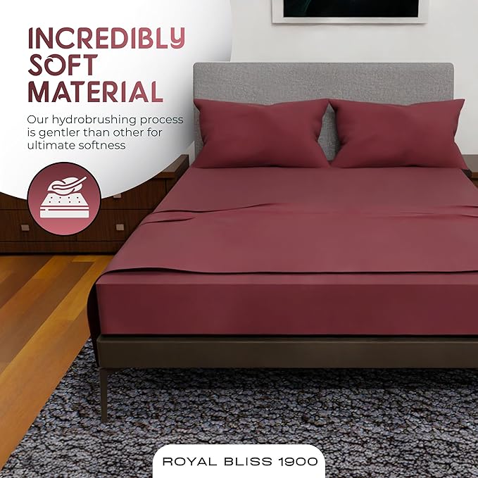 Royal Bliss Double Brushed Queen Sheet Set - 4 Piece Bedding, Deep Pocket, Burgundy