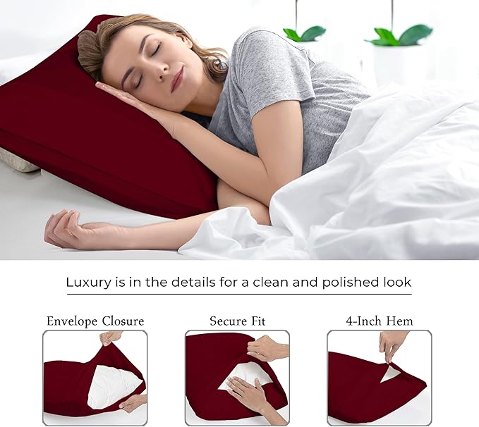 Royale Linens King Pillowcase Set of 2 - Bed Pillow Cover - 20" x 40" - Red Pillowcases - 1800 Brushed Microfiber, Wrinkle & Fade Resistant - Soft & Cozy- King Size Pillow Case (Burgundy)