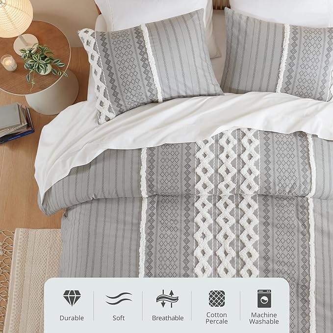 INK+IVY Imani 100% Cotton Duvet Mid Century Modern Design, All Season Comforter Cover Bedding Set, Matching Shams, King/Cal King, Gray Chenille Tufted Accent 3 Piece