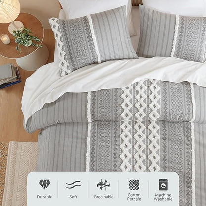 INK+IVY Imani 100% Cotton Duvet Mid Century Modern Design, All Season Comforter Cover Bedding Set, Matching Shams, Full/Queen, Gray Chenille Tufted Accent 3 Piece