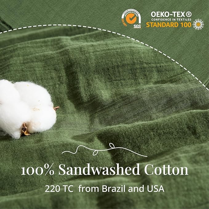 Green Duvet Cover King, 100% Sandwashed Cotton Soft King Size Duvet Cover Set 3 Pieces with Zipper Clousre & Corner Buttons (Green, King 104 x 90)