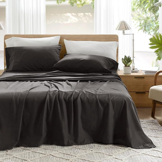 Comfort Spaces 100% Cotton Sheets Full, Breathable & Ultra Soft Cotton Sheets, Naturally Cool Cotton Bed Sheets with 14" Elastic Pocket Fits up to 16" Mattress, All Season Sheet Set, Black 4 Piece