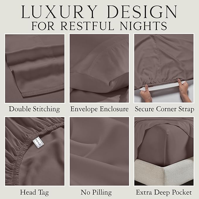 KARISSA MAE Cooling Bamboo Viscose 34" Split Top King Sheet Set | 100% FSC Certified | 18” Deep Pocket | Silky, Soft, & Hypoallergenic | with Organizer Band & Elastic Corner Straps [Mocha]