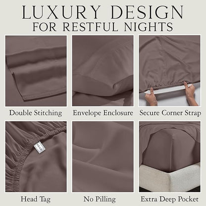 KARISSA MAE Cooling Bamboo Viscose 34" Split Top King Sheet Set | 100% FSC Certified | 18” Deep Pocket | Silky, Soft, & Hypoallergenic | with Organizer Band & Elastic Corner Straps [Mocha]