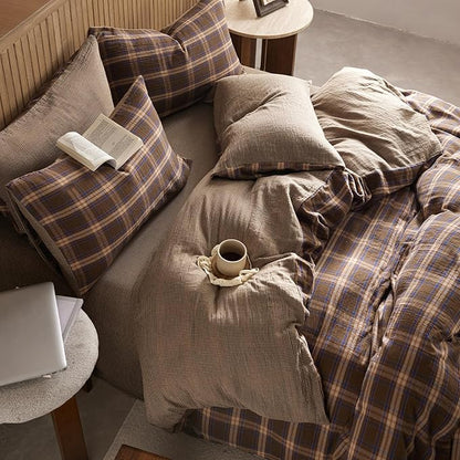 EAVD Vintage Style Blue&Brown Plaid Duvet Cover Twin Soft 100% Muslin Cotton Brown Green Blue Grid Checkered Plaid Bedding Set with 2 Pillowcases Reversible Farmhouse Gingham Duvet Cover with Zipper