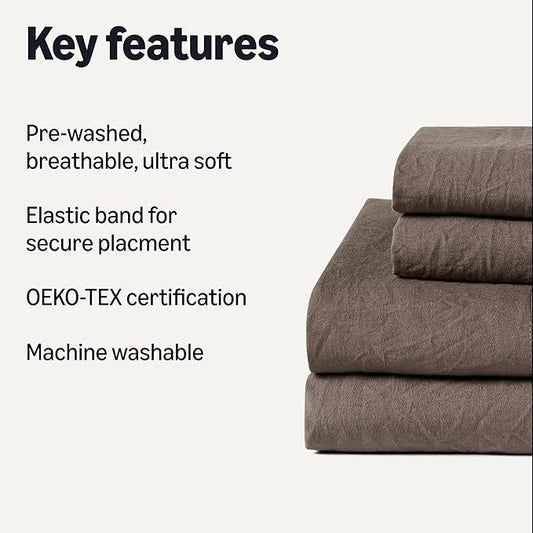 Amazon Basics King Bed Sheet, 4-Piece Bedding Set, Double Brushed Microfiber, Ultra Soft, Easy Care, Brown