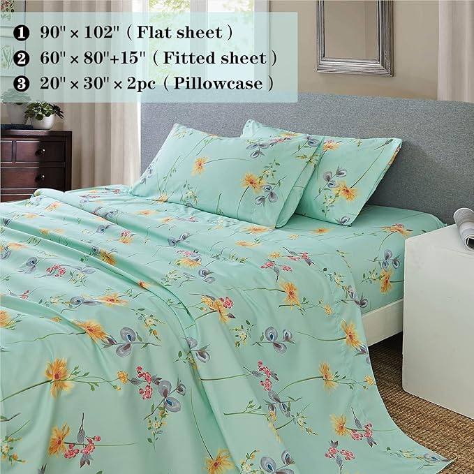 JSD Green Floral Printed Sheet Set King Size, 4 Piece Soft Botanical Microfiber Sheets Extra Deep Pocket