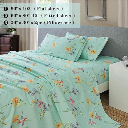 JSD Green Floral Printed Sheet Set King Size, 4 Piece Soft Botanical Microfiber Sheets Extra Deep Pocket