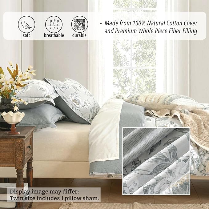 Floral Cotton Comforter Twin Size - Light Grey Comforter Printed with Vintage Ivory Flowers & Dark Yellow Stamens,Reversible Lightweight Bedding Sets 2Pcs(68"×90")