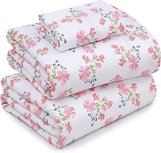 RUVANTI 100% Cotton Sheets – Twin Size Percale Bedding, Cooling & Breathable Floral Design, Durable with a Crisp, Soft & Comfortable Feel, 16" Deep Pocket, 3-Piece Set, Bloomex