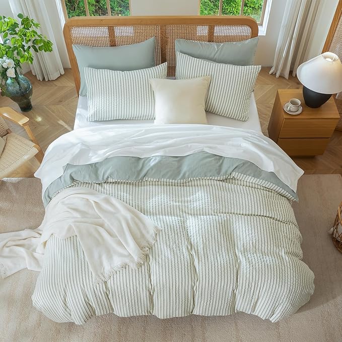 Queen Size Comforter Set Striped Soft Luxury Washed Microfiber Jacquard 3 Pieces Bedding, Grayish Green Vertical Ticking Stripes Pattern Comforter with 2 Pillowcases Breathable Durable Comfy