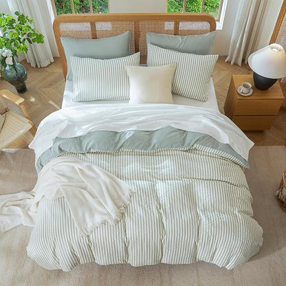 Queen Size Comforter Set Striped Soft Luxury Washed Microfiber Jacquard 3 Pieces Bedding, Grayish Green Vertical Ticking Stripes Pattern Comforter with 2 Pillowcases Breathable Durable Comfy