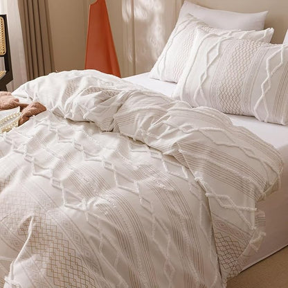 Luxlovery Boho Farmhouse Comforter Set Queen Teens Kids White Jacquard Bedding Set Bohemian Country Blanket Quilts Durable Soft Breathable 3PCS Comforter Set Queen Bed